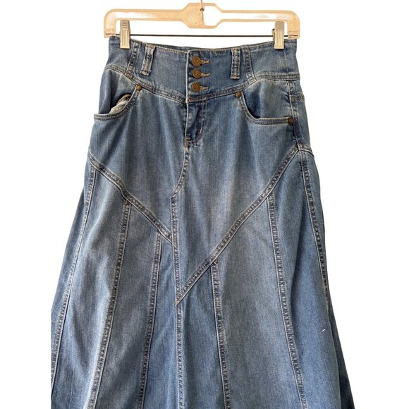 Vintage Style J Denim A Line Midi Skirt Button Fly Back Flap Pockets Frayed Hem - Picture 13 of 16